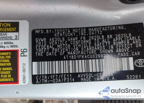 2012 Toyota Camry Hybrid Le from USA, damaged, VIN 4T1BD1FK4CU026623